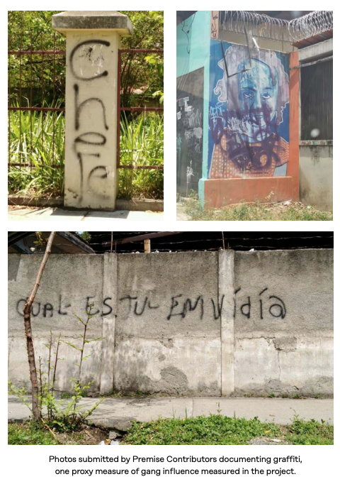 Photos submitted by Premise Contributors documenting graffiti, one proxy measure of gang influence measured in the project.